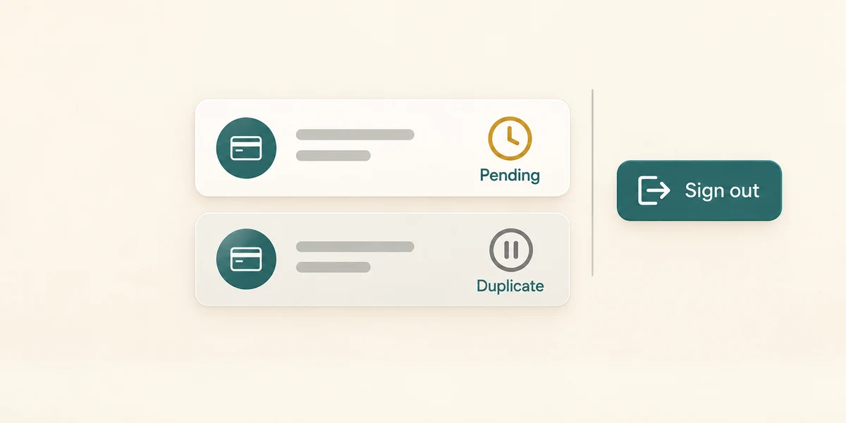 A pending payment is checked while a duplicate payment is paused, followed by signing out.