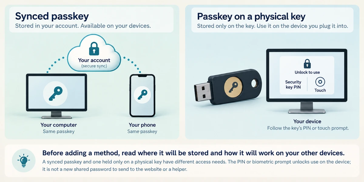 Synced passkeys and physical-key passkeys have different access needs.