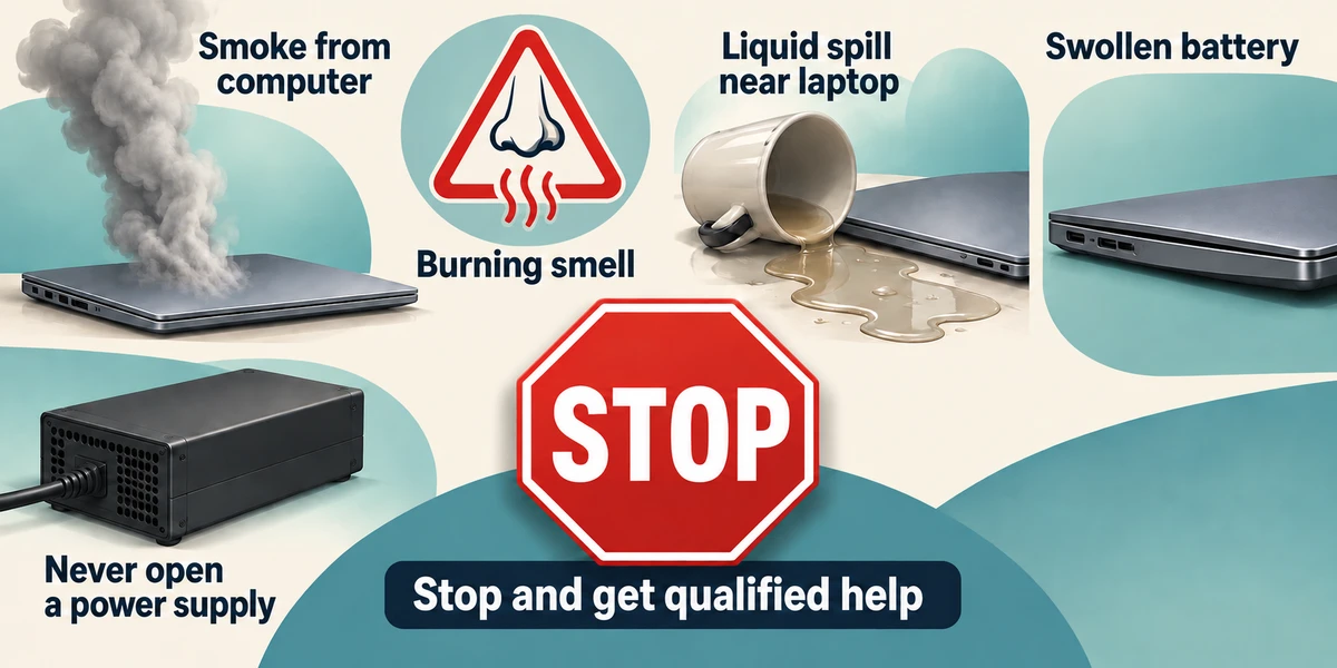Stop for smoke, spills or a swollen battery and seek qualified help.