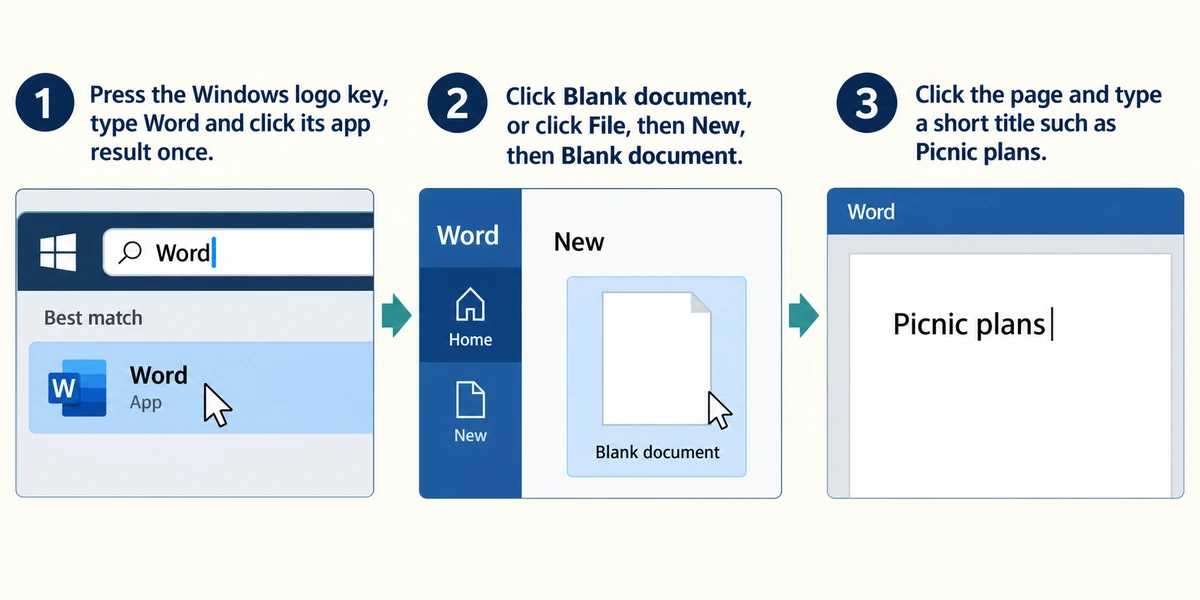 Word opens a blank document containing the title Picnic plans, through Start search and Blank document.