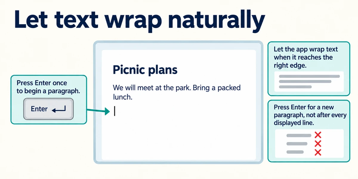 The Picnic plans paragraph wraps at the page edge; Enter starts a new paragraph rather than ending each displayed line.