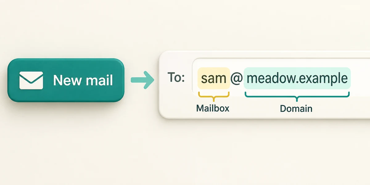 New mail leads to a recipient address with mailbox and domain identified.