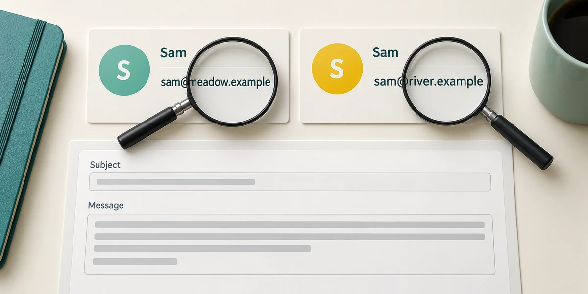 Two contacts named Sam have different email addresses, above separate subject and message areas.