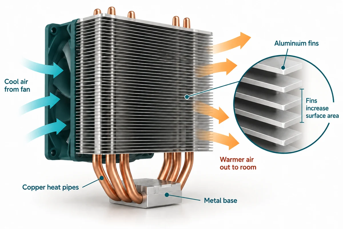 An air cooler’s heat pipes and thin metal fins are shown clearly, with an inset highlighting the spaces between fins.