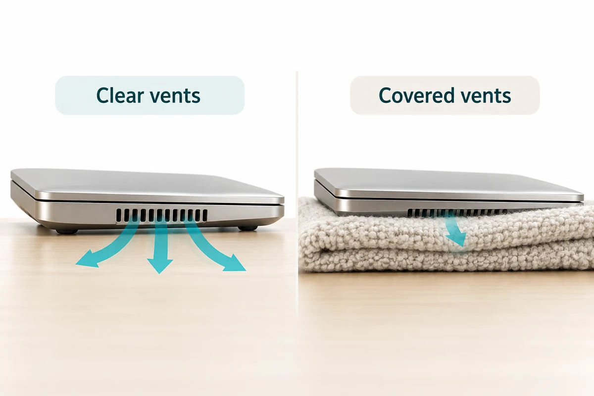 A laptop on a hard surface has clear airflow, while a soft blanket covers the vents on the comparison laptop.