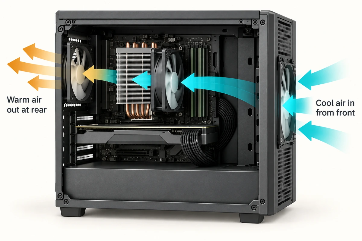 Fans move air through a desktop case and across the CPU cooler, carrying warmer air out of the rear.