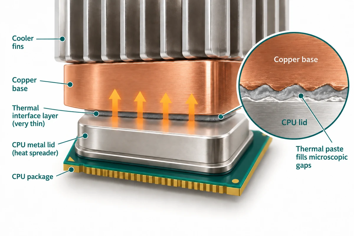 A close-up cross-section shows heat passing from a CPU through a thin contact layer into the cooler’s base.