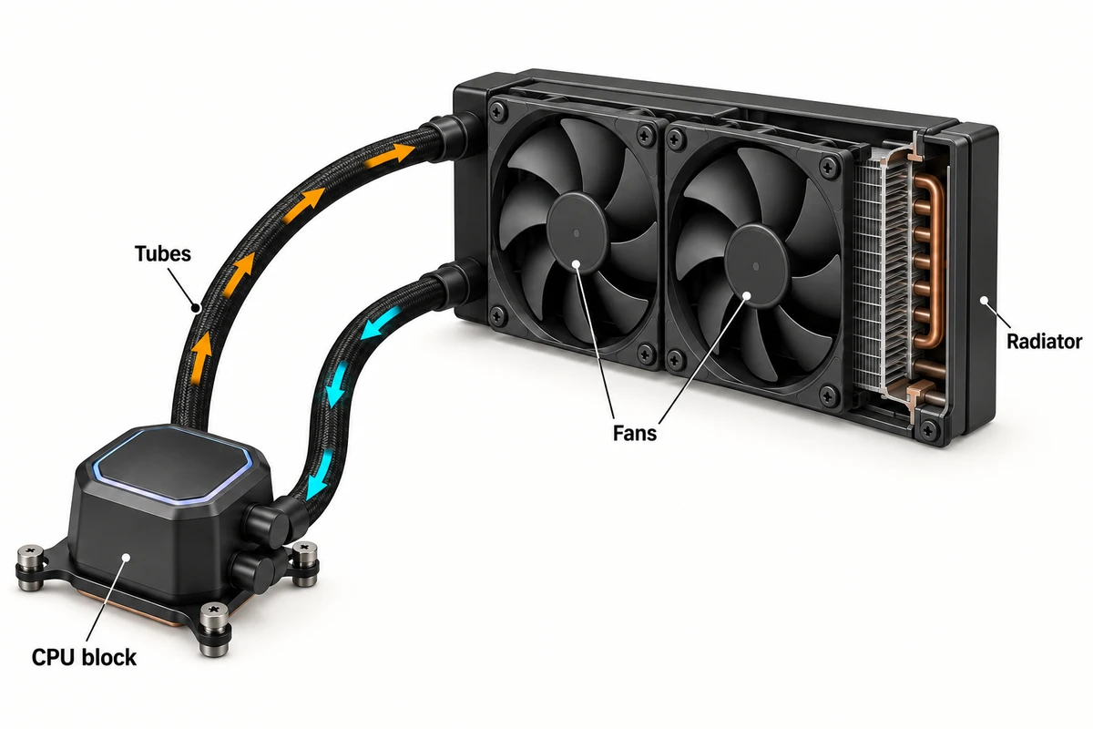 A sealed liquid-cooling loop carries heat from a CPU block to a fan-cooled radiator and returns cooled liquid.