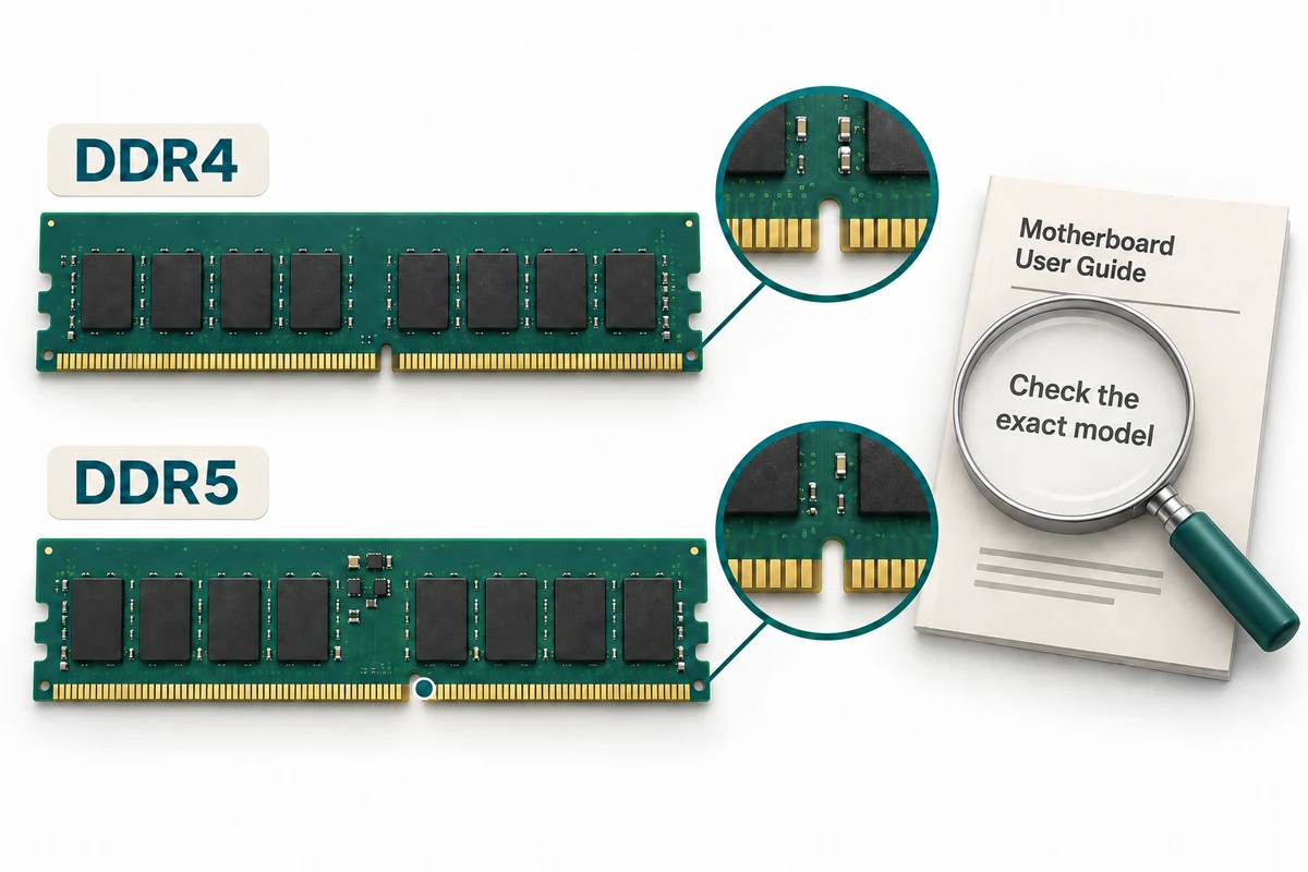 DDR4 and DDR5 memory modules have different locating notches, with a specification sheet emphasising the need to check supported memory.
