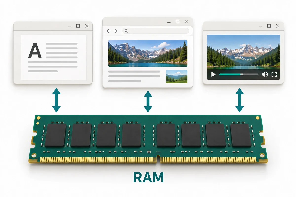 A document, browser page and video page share a RAM module for the computer’s current work.