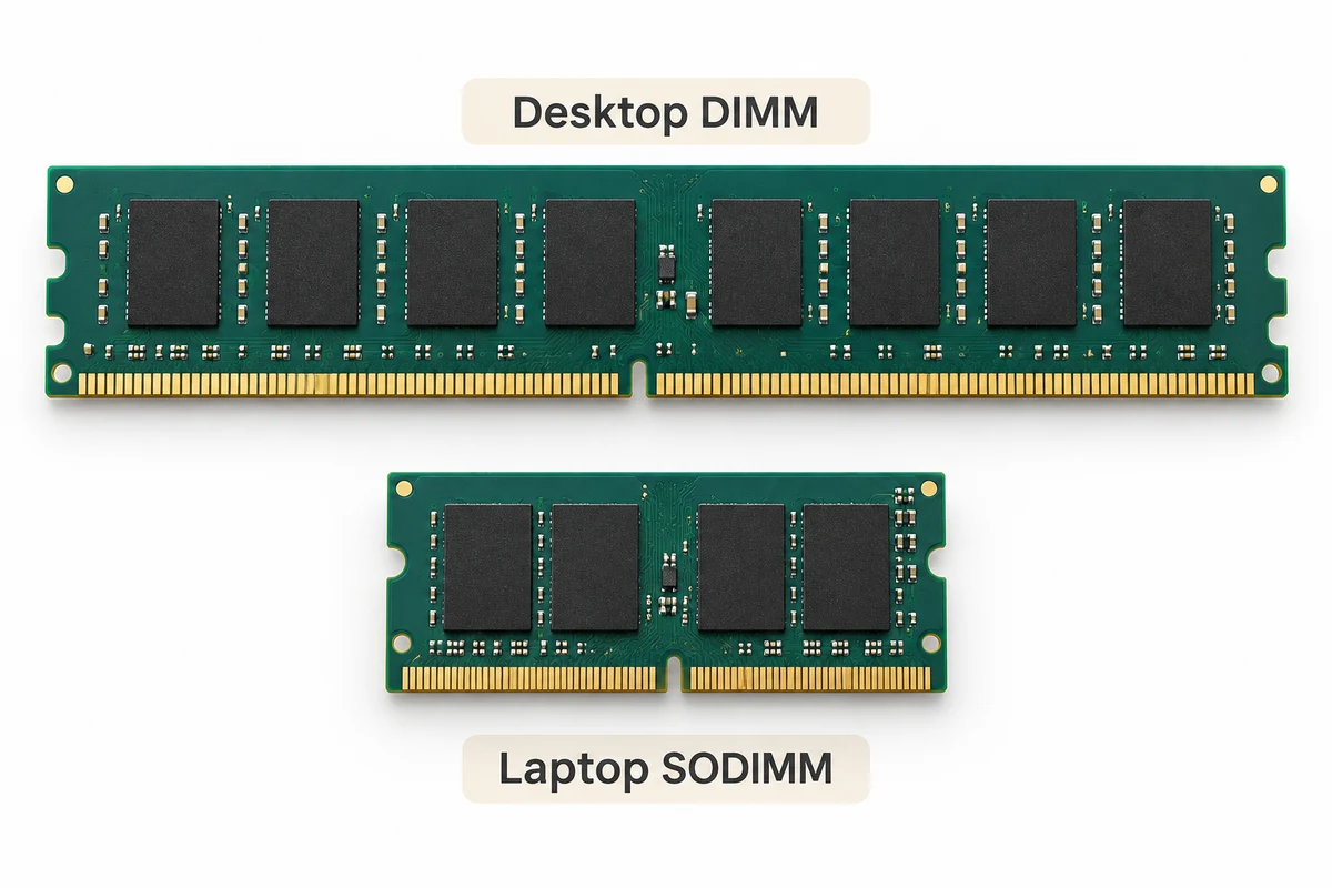 A longer desktop DIMM and a shorter laptop SODIMM are shown together with their gold contacts and locating notches.