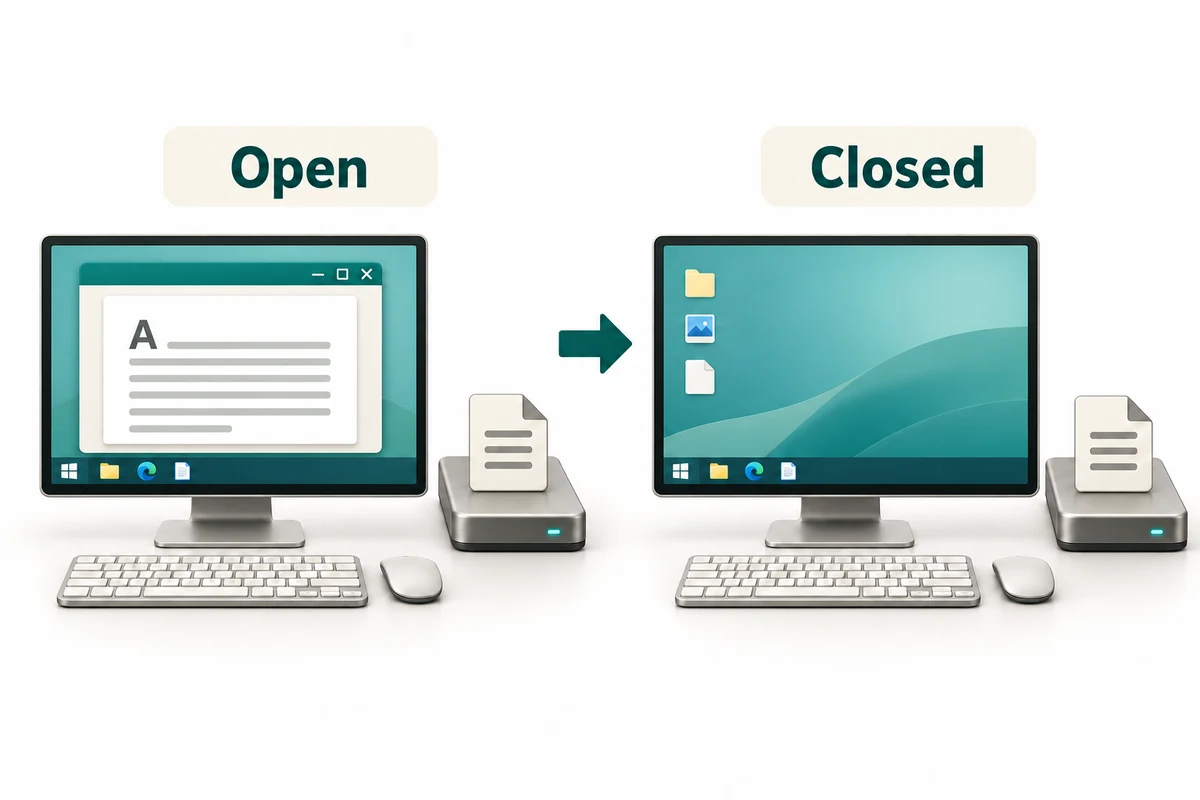 A saved document remains on the storage drive after its on-screen window is closed.