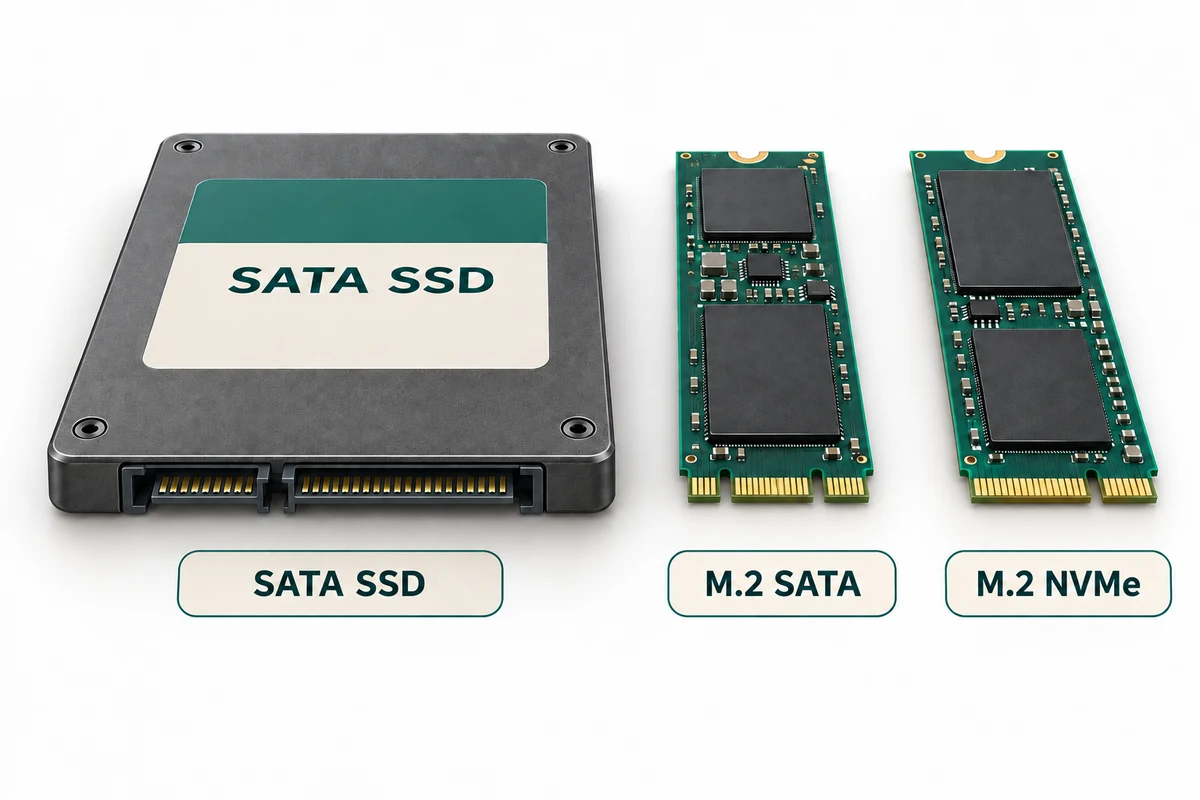 A boxed SATA SSD and two slim M.2 SSD examples show that solid-state storage can have different shapes and connection technologies.