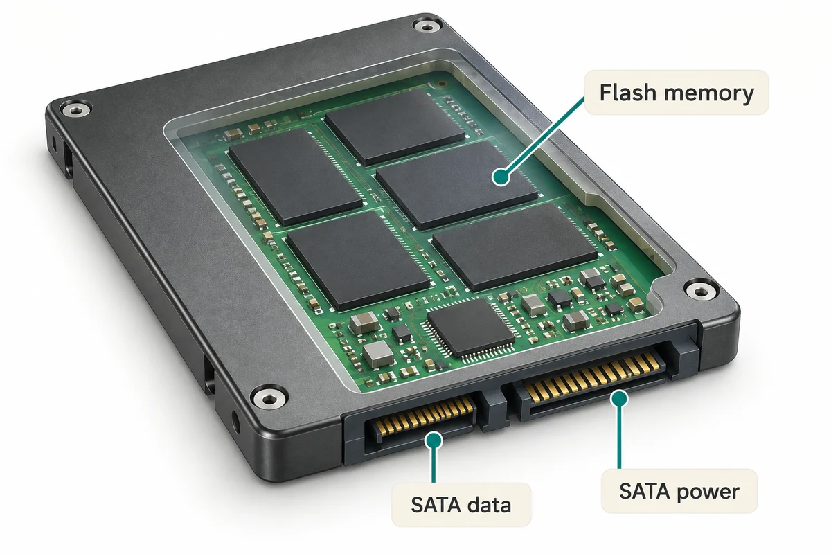 A boxed SSD cutaway shows its flash-memory chips and controller, with no spinning disk or moving head.