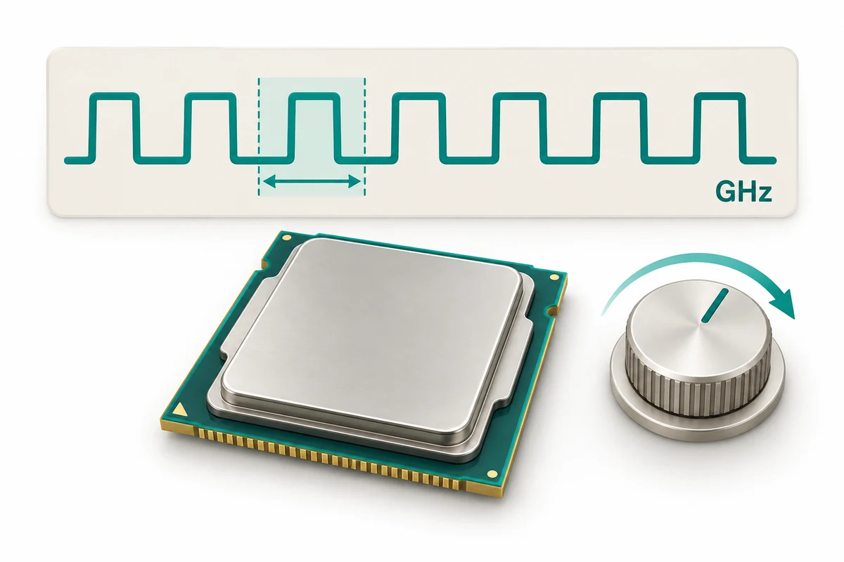 A repeating clock signal and an adjustable-rate dial beside a CPU illustrate processor rhythm measured in GHz.