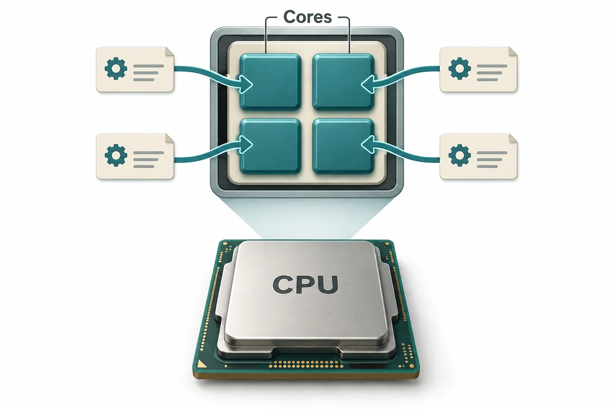 A simplified inset of one CPU shows several cores receiving separate pieces of work.