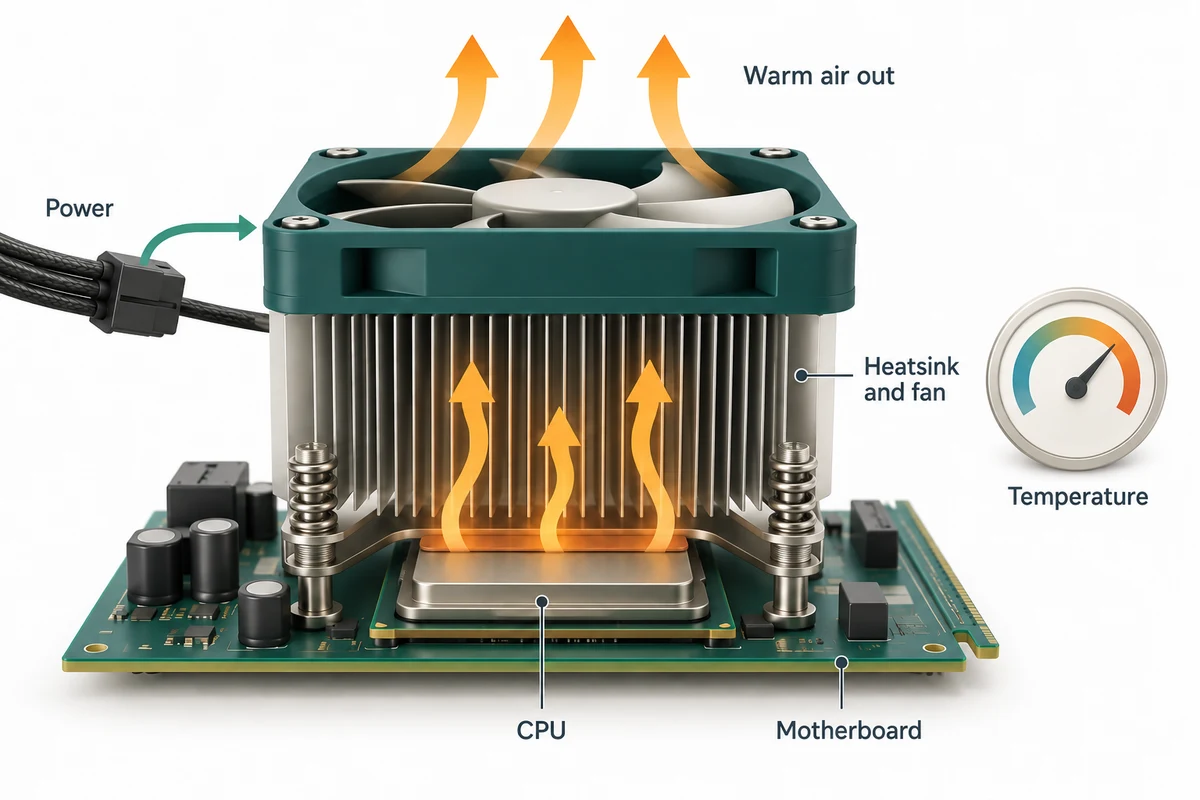 A powered CPU passes heat into its cooler, with arrows showing heat leaving and a gauge indicating temperature limits.
