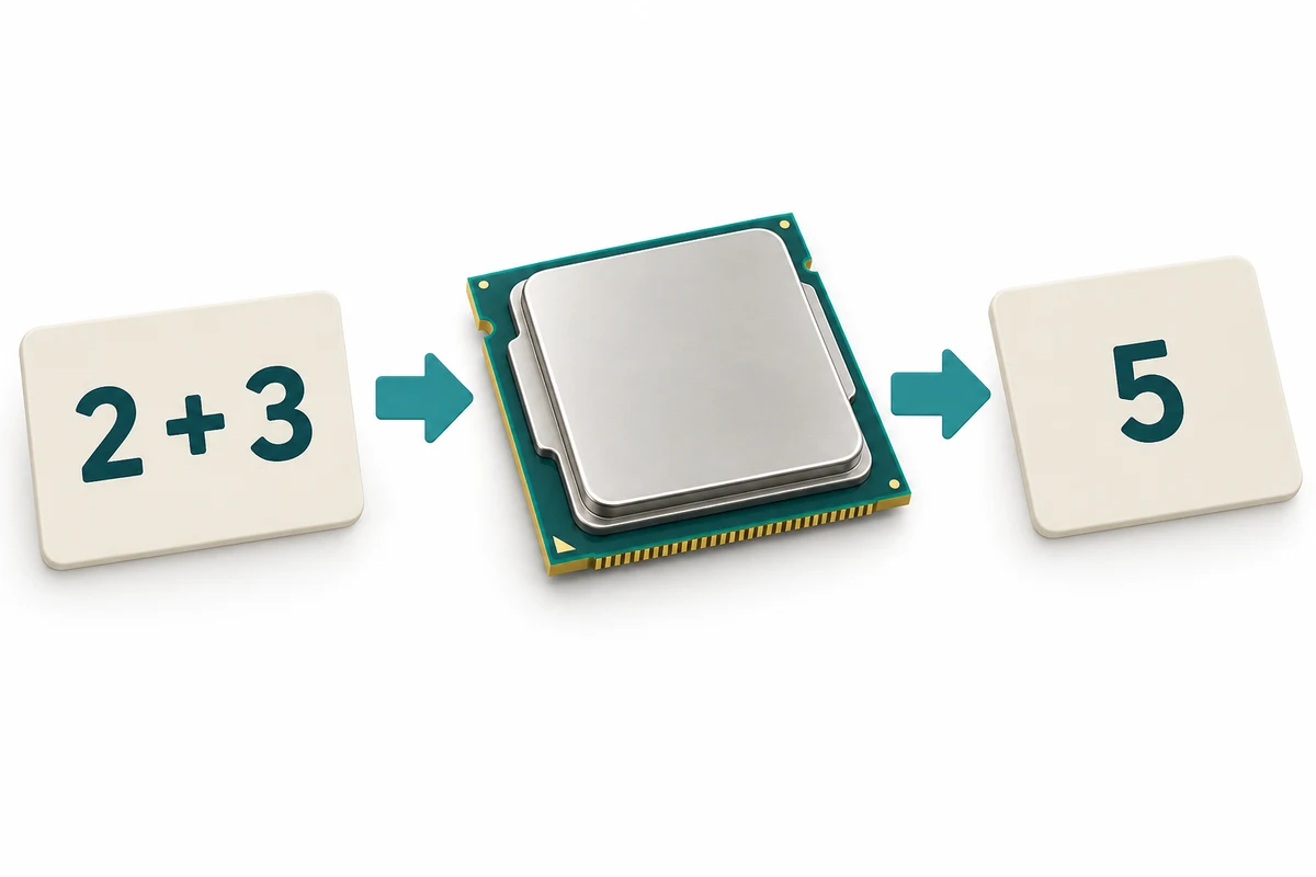 A program instruction, 2 plus 3, passes through a processor and produces the result 5.