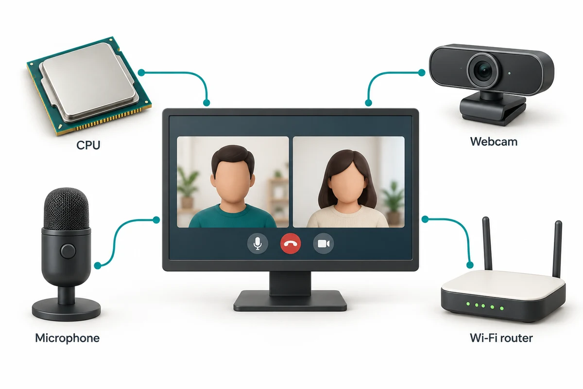 A video-call screen is linked to a processor, webcam, microphone and router, showing that several parts support the task.