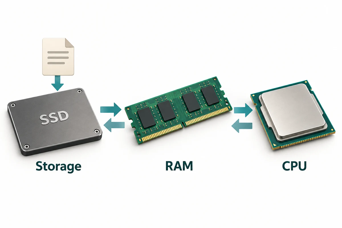 Storage, a RAM module and a CPU are connected by two-way arrows to show saved information moving into current work.