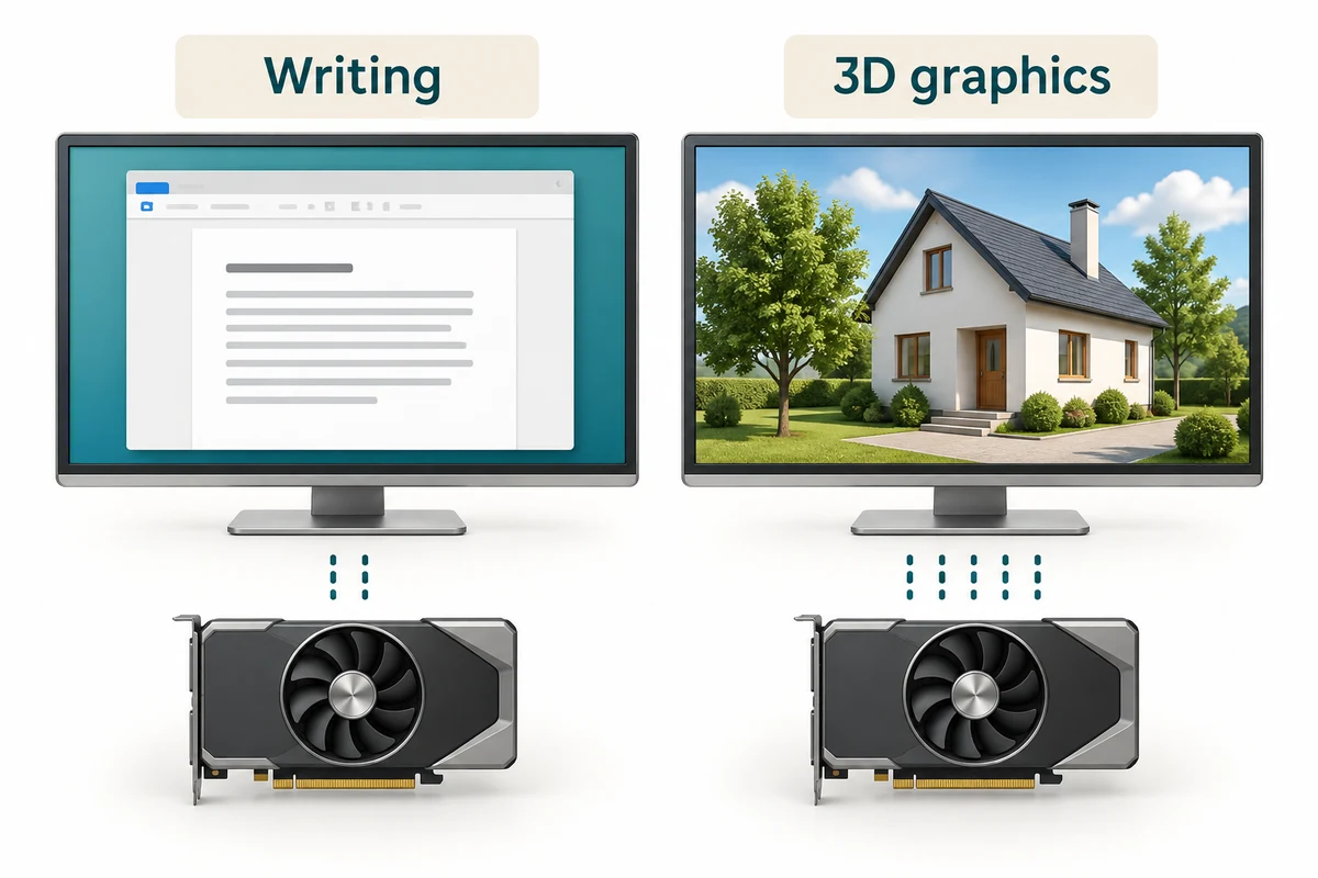 A text document and a detailed 3D scene illustrate tasks that place different demands on graphics processing.