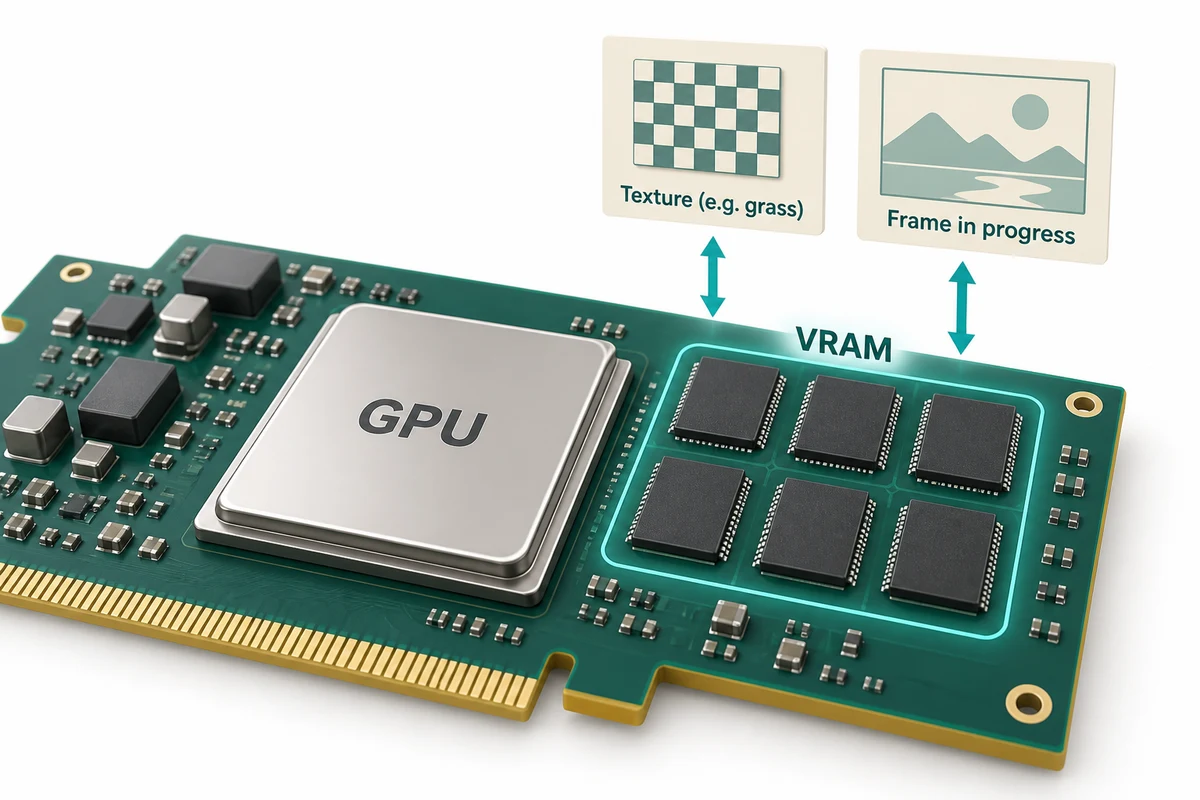 Graphics-memory chips beside a GPU hold working image information, illustrated by a texture and a picture frame.