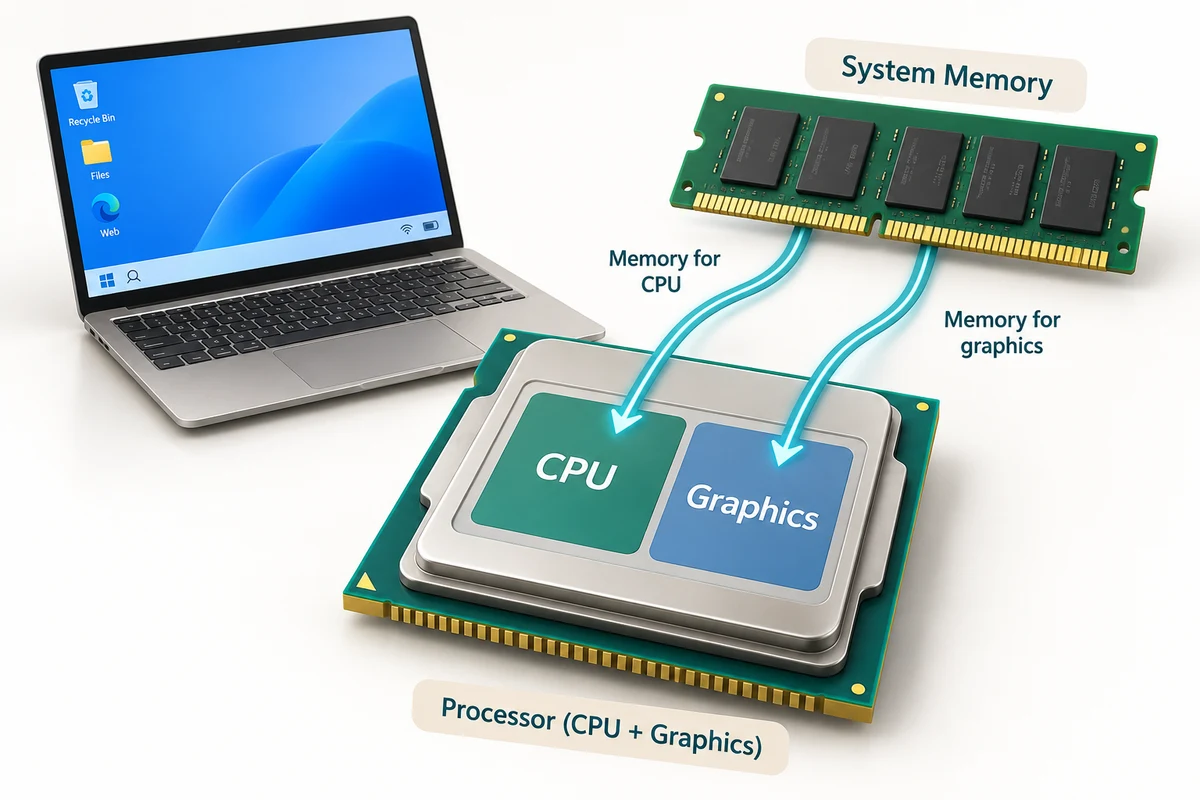 A processor package contains CPU and graphics functions that share nearby system RAM in a compact computer.