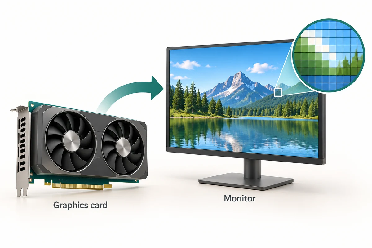 A graphics card prepares an image for a monitor, with a magnified grid showing the picture’s individual pixels.