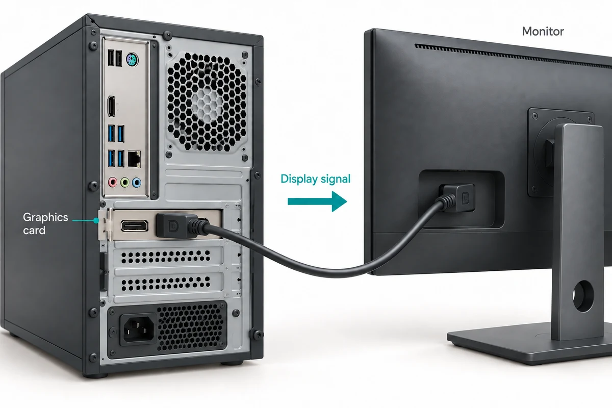 A display cable carries a signal from a desktop graphics-card connection to a separate monitor.
