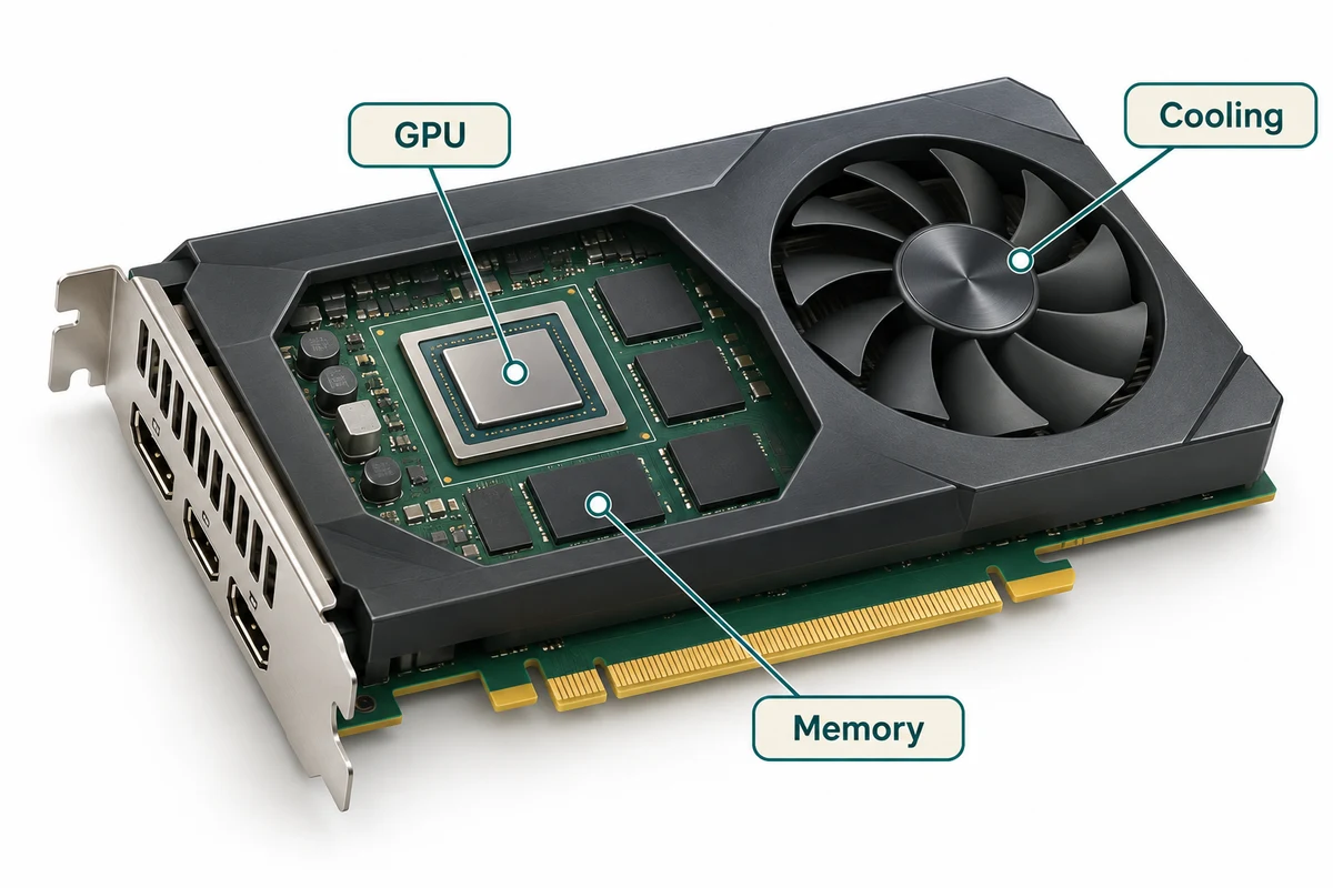 A graphics card cutaway identifies its GPU chip, nearby memory and cooling assembly beneath the fans.