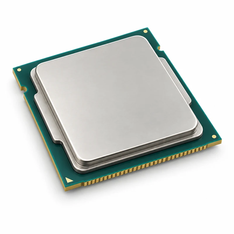 A desktop CPU with a square metal top and green base.