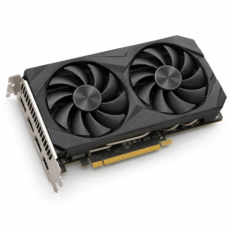A separate graphics card with two cooling fans and a gold connector.
