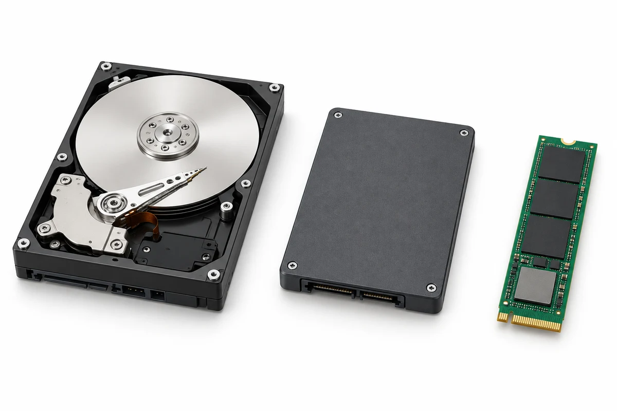 An HDD, a 2.5-inch SATA SSD and an M.2 SSD shown side by side.