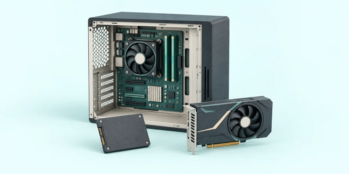 An open computer case with a cooling fan and circuit boards, beside storage and graphics components.