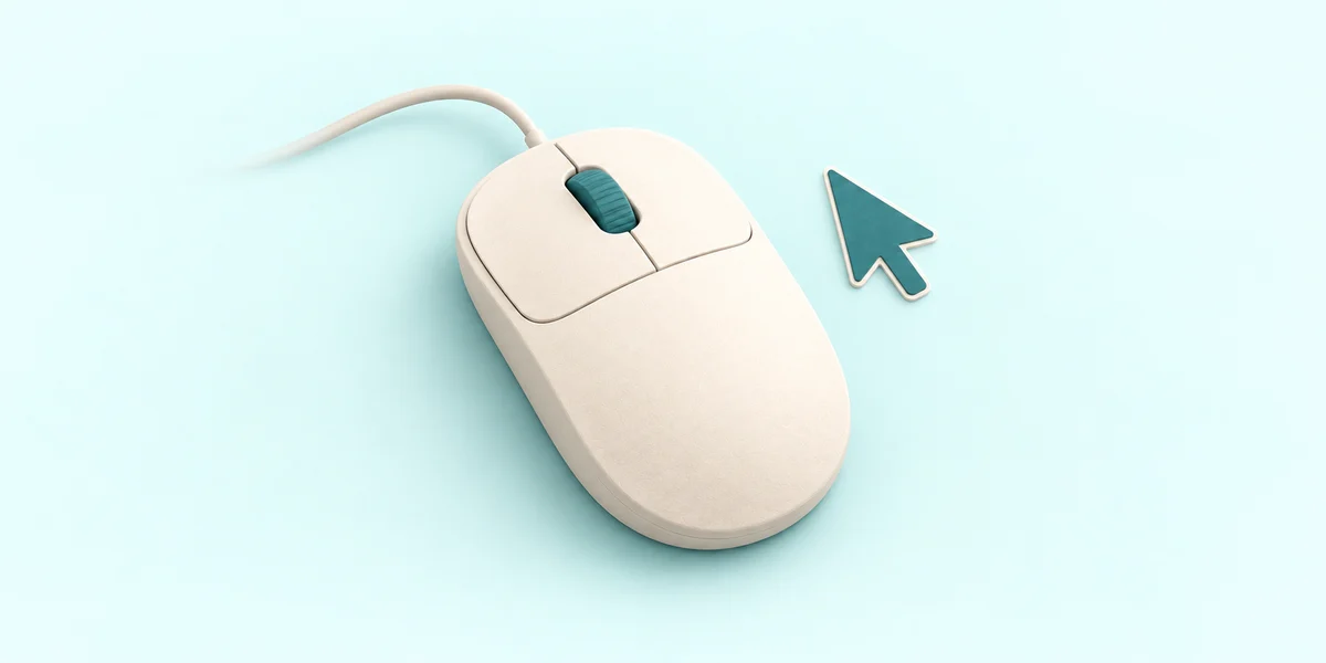 A cream mouse with two buttons and a teal scroll wheel beside a pointer arrow.