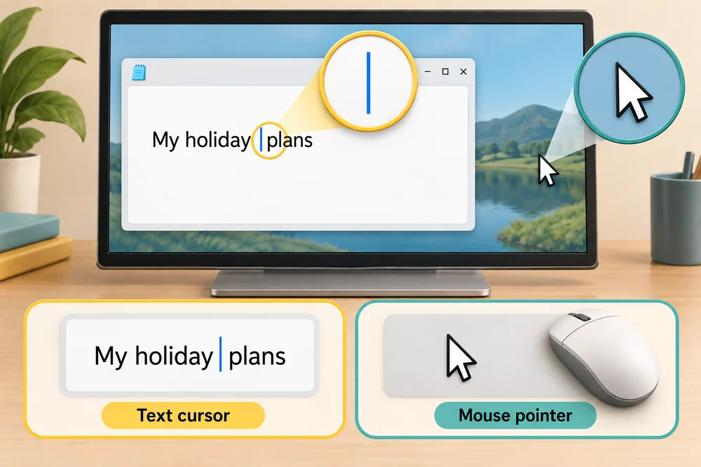 The thin typing cursor inside text is compared with the separate arrow-shaped mouse pointer.