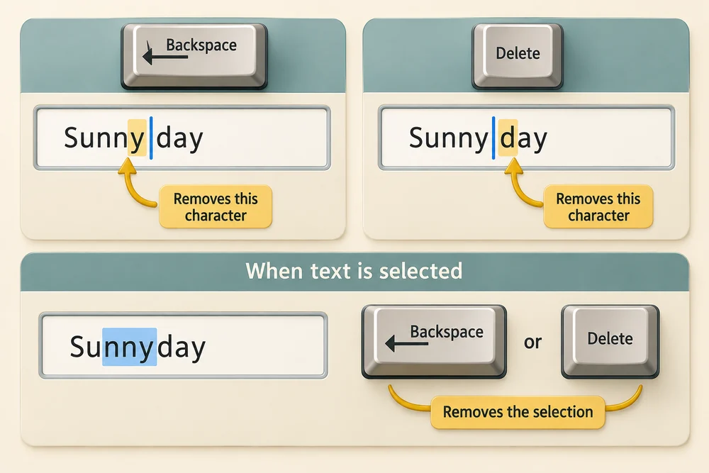 Backspace removes the character left of the cursor; Delete removes the one right of it. Either removes selected text.