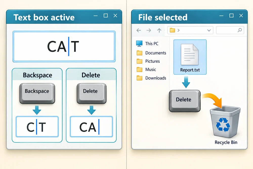 In a text box, Backspace and Delete remove characters; with a file selected, Delete sends the file to the Recycle Bin.