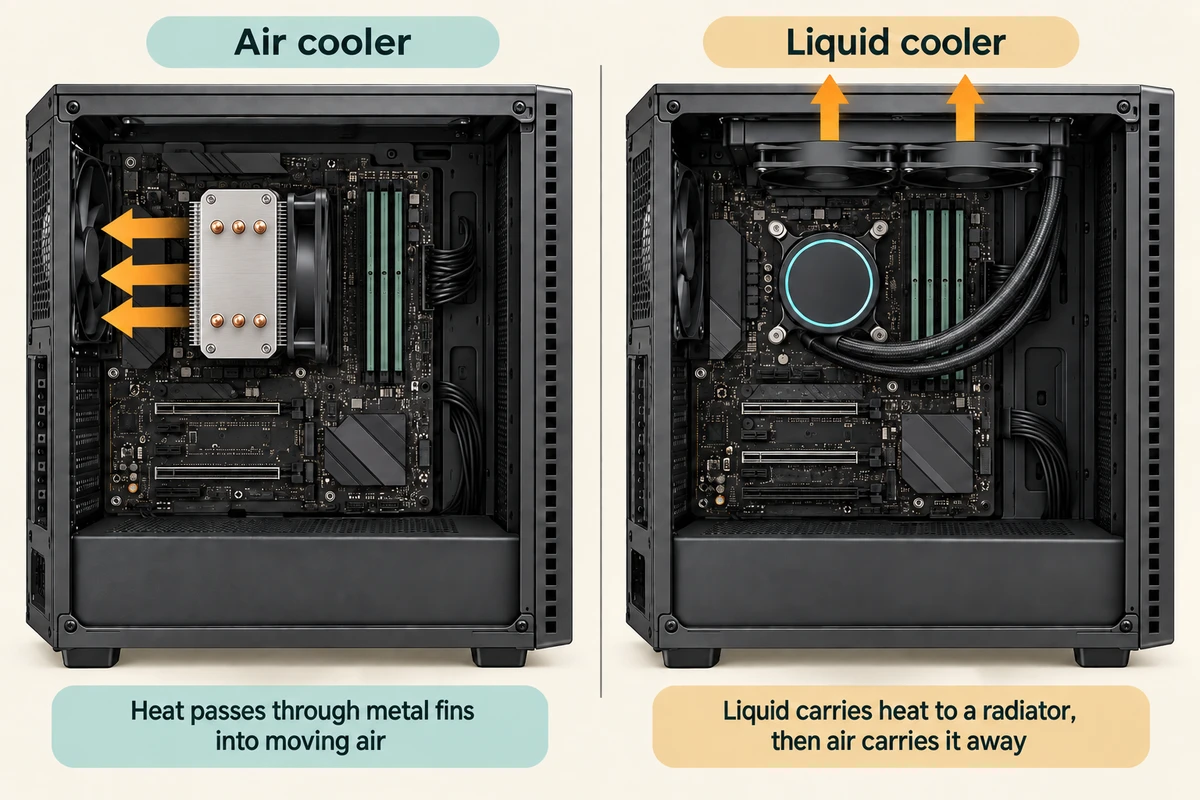 An air cooler projects out from the vertical motherboard; a liquid cooler has a CPU block connected to a top-mounted radiator. Both transfer heat into moving air.