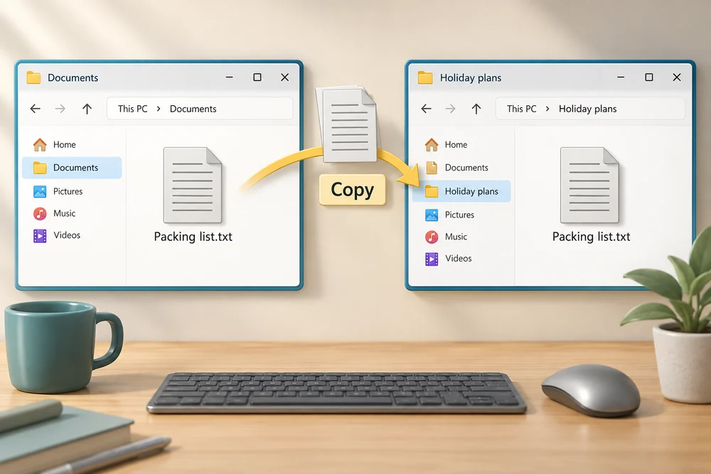 Copy creates another Packing list.txt in Holiday plans while the original remains in Documents.
