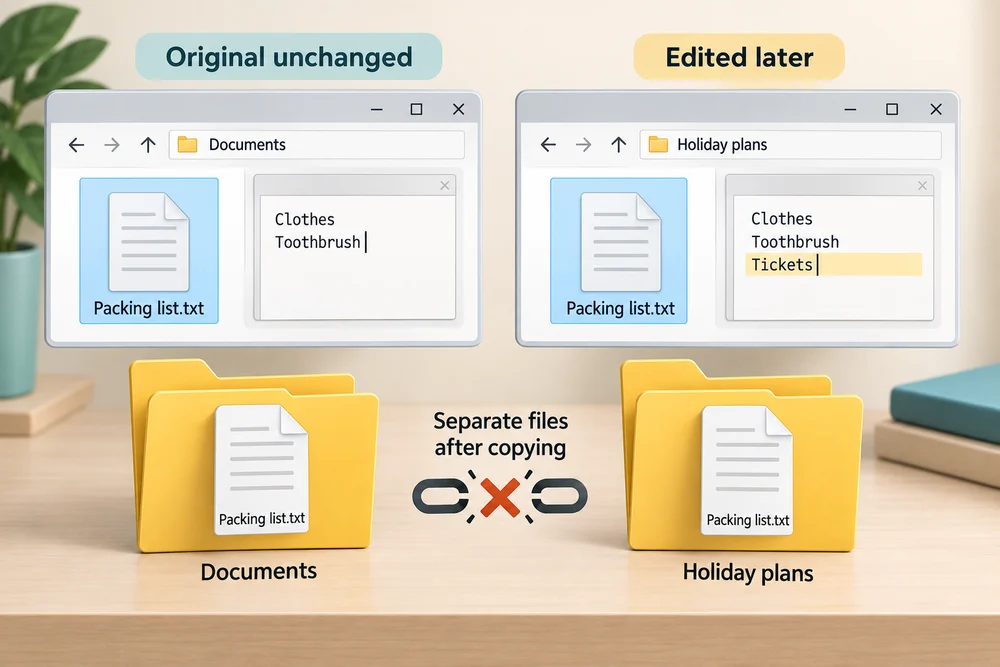 The original packing list stays unchanged when the separate copied list is edited later.