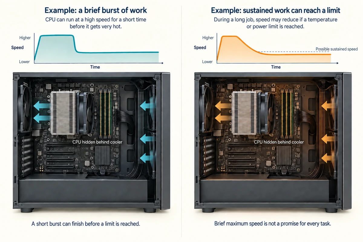 Two upright PCs with flat motherboards and side-mounted tower-cooler fans compare a short burst of CPU work with sustained work that may reach a temperature or power limit.