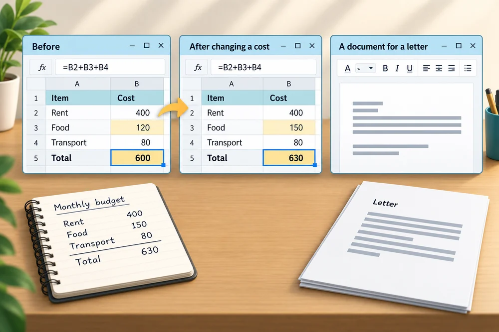A spreadsheet formula updates a total when a cost changes; a written document records information without that calculation.
