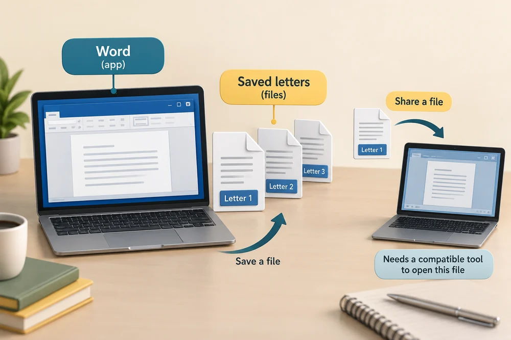 Word is the app, while saved letters are separate files that can be shared with another computer.