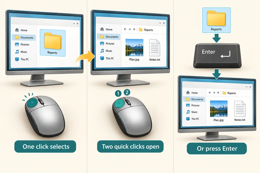 One click highlights a folder; two quick clicks open it. Enter can also open a selected folder.
