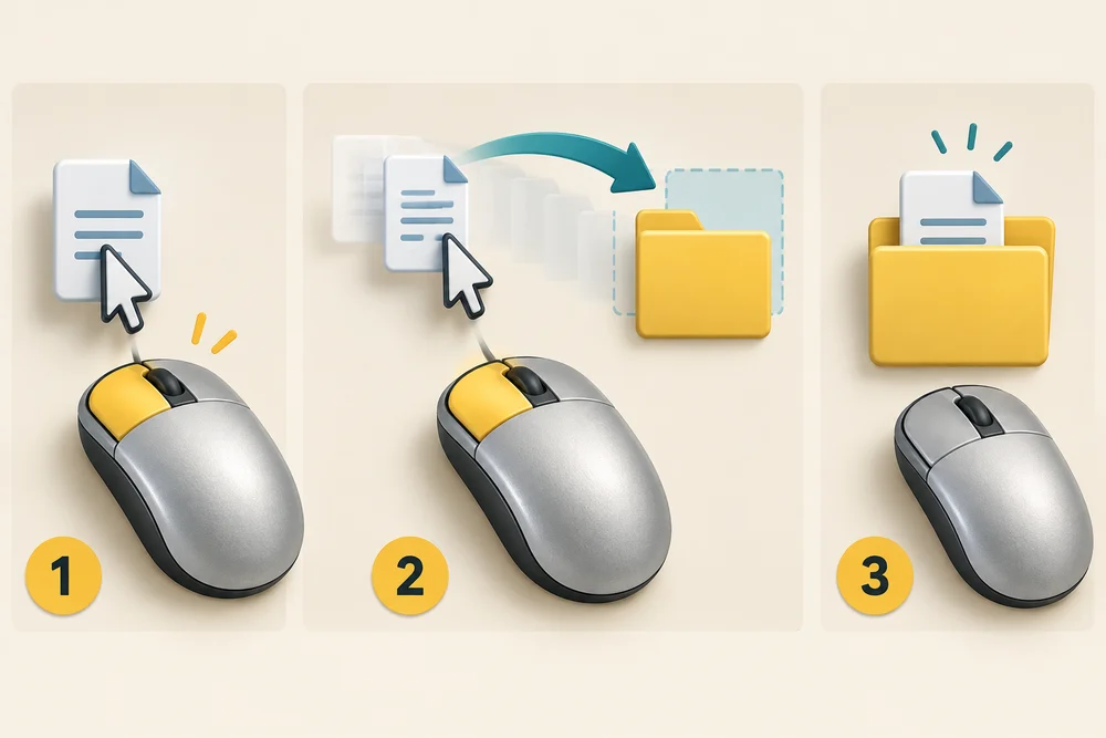 Press and hold the left mouse button on a file, move it towards the folder, then release to drop it.