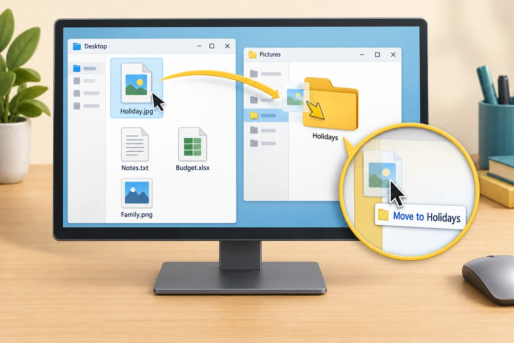 A file dragged between folders shows a destination label beside the pointer indicating Move to Holiday.