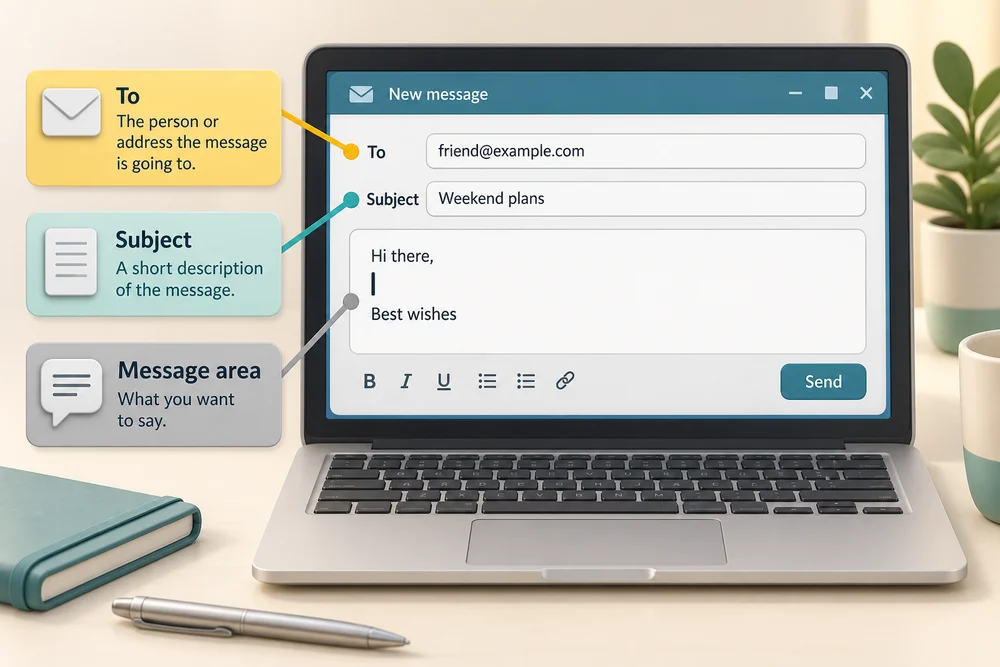 An email's To field identifies the recipient, Subject gives a brief topic and the message area contains the body.