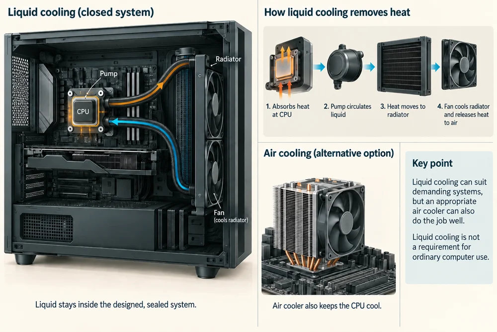 A sealed liquid-cooling loop carries heat from a CPU block to a radiator; an air cooler transfers heat through fins instead.