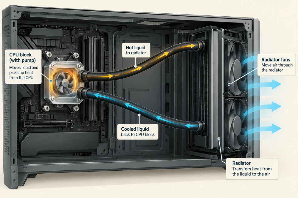 Two tubes complete the liquid-cooling route: warmed liquid travels to the radiator and cooled liquid returns to the CPU block.